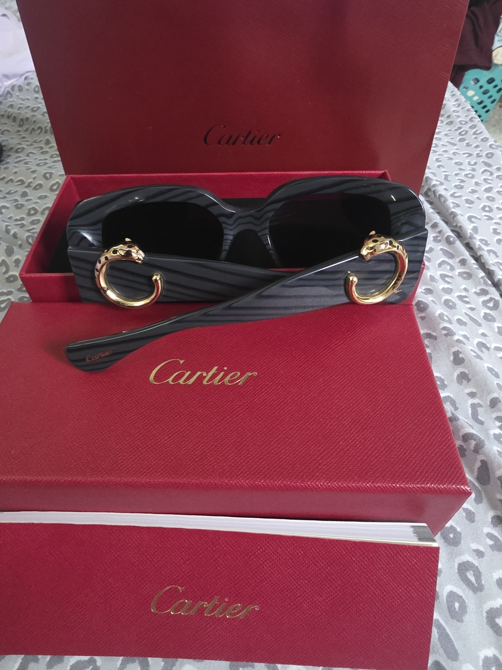 Cartier Panthère Black, Grey & Gold Oversized Statement Sunglasses w/ Box